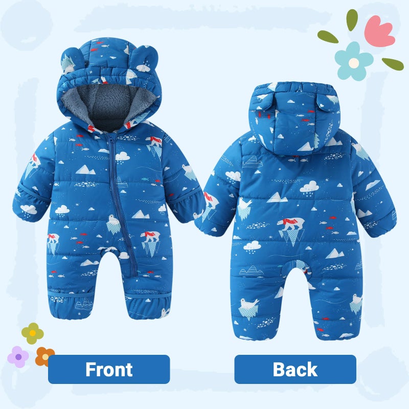 JiAmy Baby Snowsuit Baby Printed Winter Clothes With Flod-Over Girl Boy Hooded Outfits Jumpsuit Coat Arctic 12-18 Months - Image 2