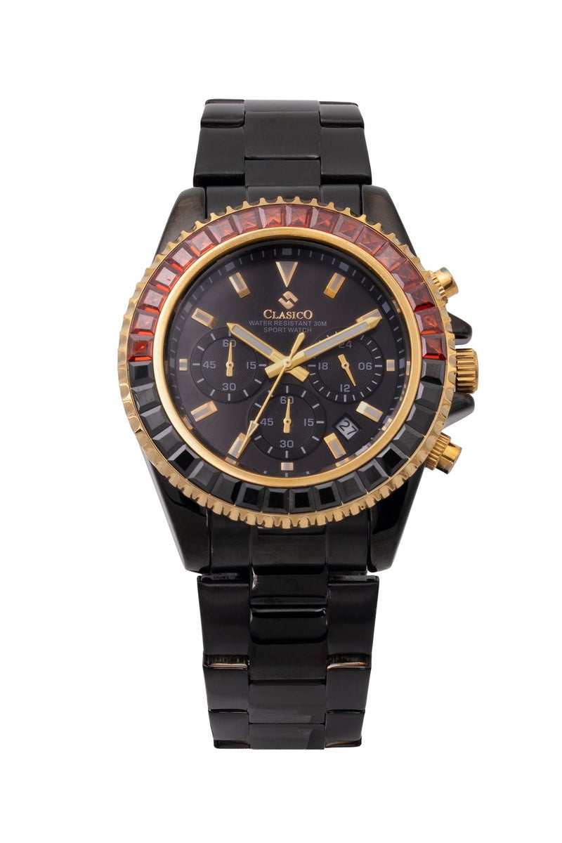 Clasico Chroma 6-Hands Chronograph Watch For Mens – Black & Gold Ruby-Accented Bezel with Steel Bracelet – Elite Y121 Calibre Movement – Waterproof Design - Image 1