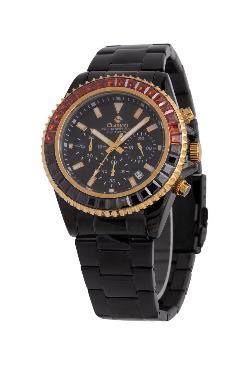 Clasico Chroma 6-Hands Chronograph Watch For Mens – Black & Gold Ruby-Accented Bezel with Steel Bracelet – Elite Y121 Calibre Movement – Waterproof Design - Image 2