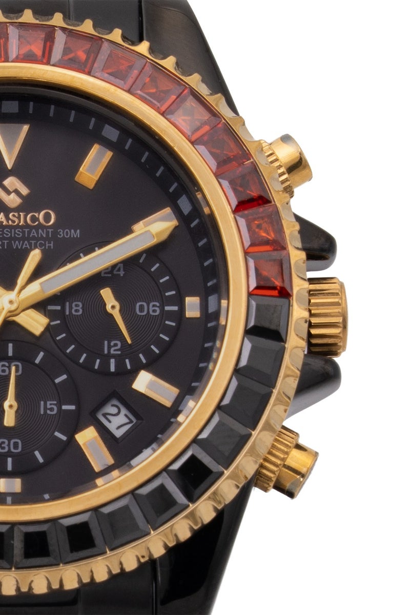 Clasico Chroma 6-Hands Chronograph Watch For Mens – Black & Gold Ruby-Accented Bezel with Steel Bracelet – Elite Y121 Calibre Movement – Waterproof Design - Image 3