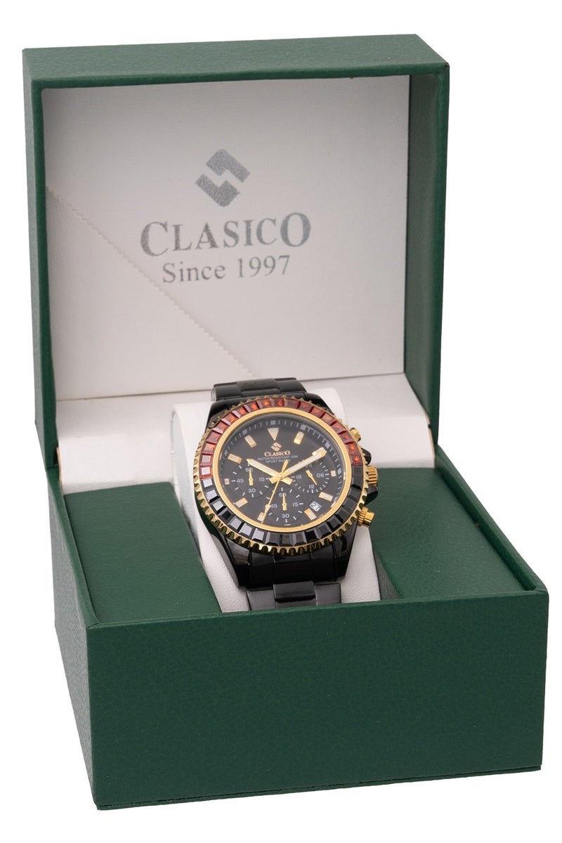 Clasico Chroma 6-Hands Chronograph Watch For Mens – Black & Gold Ruby-Accented Bezel with Steel Bracelet – Elite Y121 Calibre Movement – Waterproof Design - Image 5