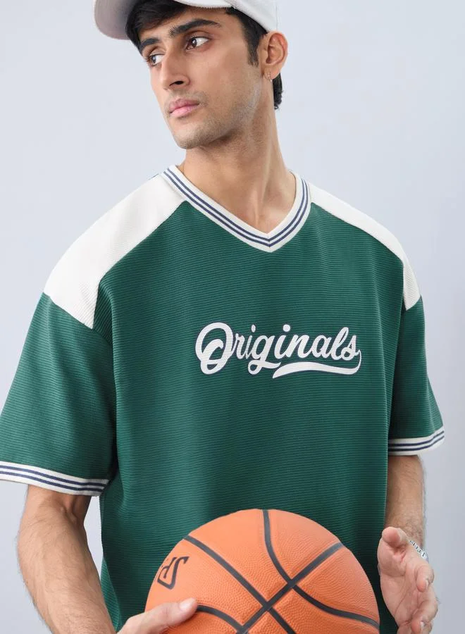 The Souled Store Green Oversized Ribbed T-Shirt