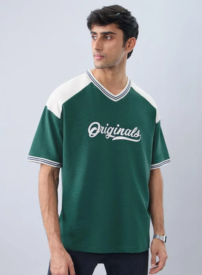 The Souled Store Green Oversized Ribbed T-Shirt