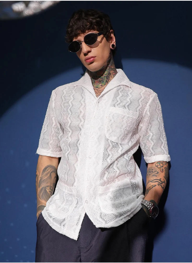 كامبوس سوترا Men's Daisy White Swirl Open-Knit Shirt For Casual Wear | Spread Collar | Short Regular Sleeves | Button Closure | Oversized Shirt Crafted With Comfort Fit For Everyday Wear
