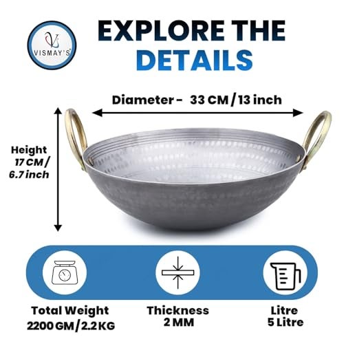VISMAY'S 5 Litre 13 Inch Food Grade Iron Kadai India’s 1st Smooth Edge kadhai Strong Riveted Handle Traditional Frying Pan Wok Hammered Heavy Base Metal Spoon Friendly Works on Gas and Induction - Image 3