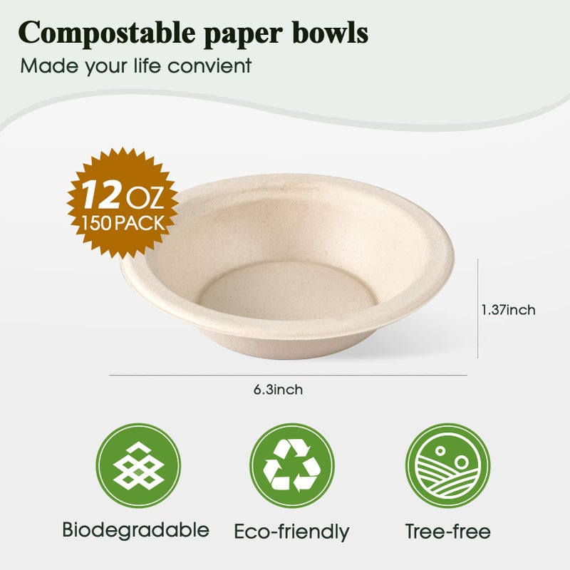 ECOLipak 150 Pack Compostable Disposable Paper Bowls  12 OZ Bagasse Heavy duty Biodegradable Eco Friendly Sugarcane Soup Bowls for Salad Dessert(Nature) - Image 2