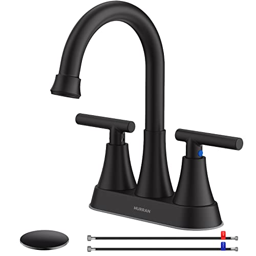 Hurran Bathroom Faucets for Sink 3 Hole, Hurran 4 inch Matte Black with Pop-up Drain and 2 Supply Hoses, Stainless Steel Lead-Free 2-Handle Centerset Faucet for Sink Vanity - Image 1