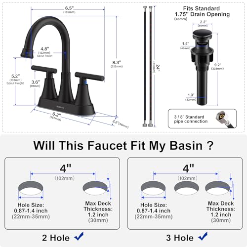 Hurran Bathroom Faucets for Sink 3 Hole, Hurran 4 inch Matte Black with Pop-up Drain and 2 Supply Hoses, Stainless Steel Lead-Free 2-Handle Centerset Faucet for Sink Vanity - Image 5
