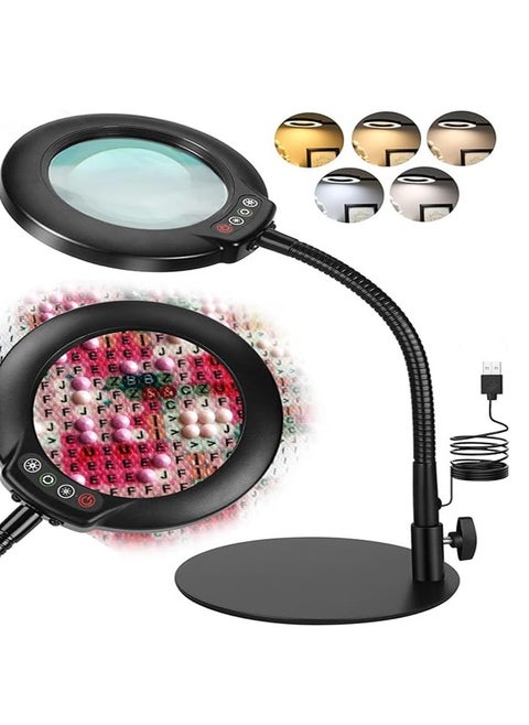 10X Magnifying Glass with Light, 5 Color Modes Stepless Dimmable Flexible Gooseneck LED Hands-Free Desk Lamp, Stand Lighted Magnifier for Crafts, Sewing, Reading, Painting, Hobby, Close Work