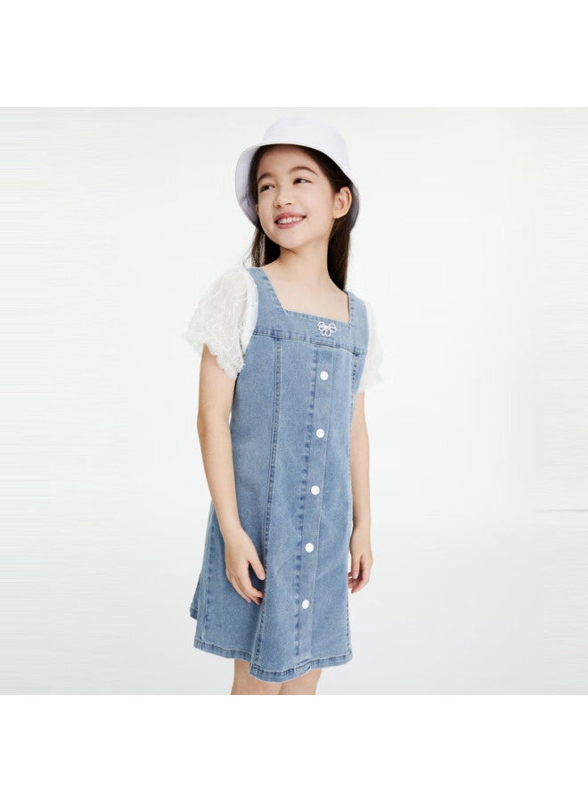 Annil Girls' Summer New Stylish Short Sleeve Denim Dress With Bubble Sleeves - Image 1