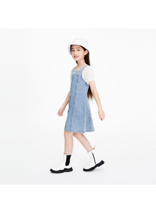 Annil Girls' Summer New Stylish Short Sleeve Denim Dress With Bubble Sleeves - Image 4