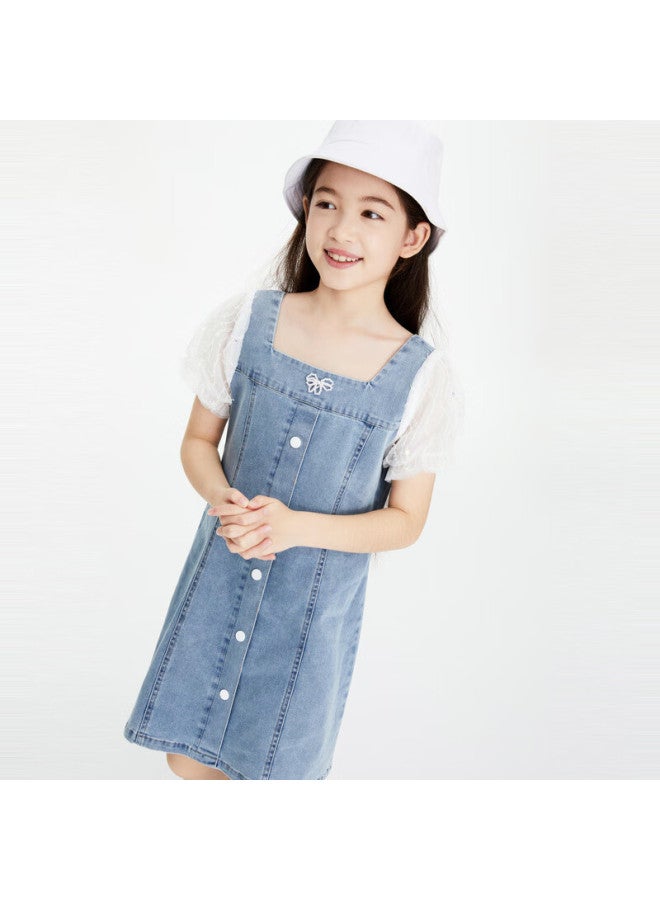 Annil Girls' Summer New Stylish Short Sleeve Denim Dress With Bubble Sleeves - Image 2
