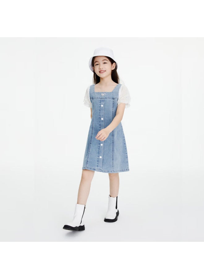 Annil Girls' Summer New Stylish Short Sleeve Denim Dress With Bubble Sleeves - Image 5