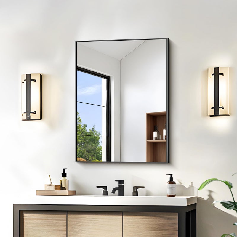 KOCUUY مرآة حمام سوداء KOCUUY، 24x18 بوصة مرآة مستطيلة فوق الحوض، مرآة جدارية زخرفية حديثة لغرفة النوم وغرفة المعيشة والحمام، يمكن تعليقها أفقيًا/عموديًا - Image 5