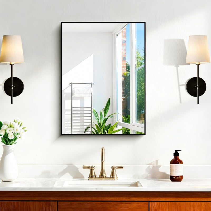 KOCUUY مرآة حمام سوداء KOCUUY، 24x18 بوصة مرآة مستطيلة فوق الحوض، مرآة جدارية زخرفية حديثة لغرفة النوم وغرفة المعيشة والحمام، يمكن تعليقها أفقيًا/عموديًا - Image 1