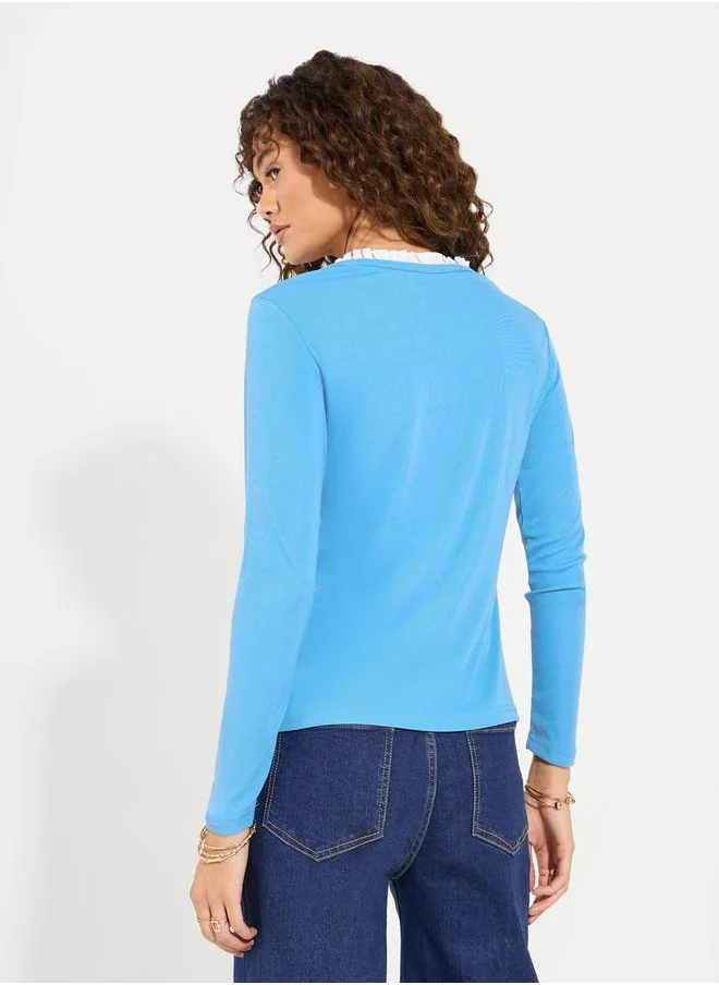 Styli Solid Knit Top with Long Sleeves & Tie Up Neck