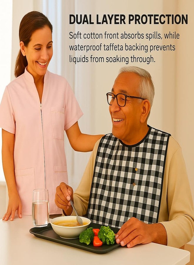 MAKSTILE مريلة ماكستايل للكبار | مريلة طعام طويلة جدًا لكبار السن - طبقتان من القطن الماص للماء وبطانة مقاومة للماء، قابلة للغسل وإعادة الاستخدام لحماية الملابس لكبار السن وذوي الاحتياجات الخاصة والملازمين للفراش - أسود - Image 3