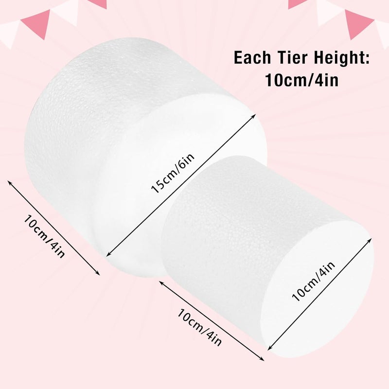 PLULON PLULON 2 Tiers Foam Cake Dummies Set 4 6 White Round Practice Cake Dummy 8 Inch Tall with Artificial Roses and Ribbons for Wedding Baby Shower Birthday Anniversary Christmas Party Supplies  - Image 2