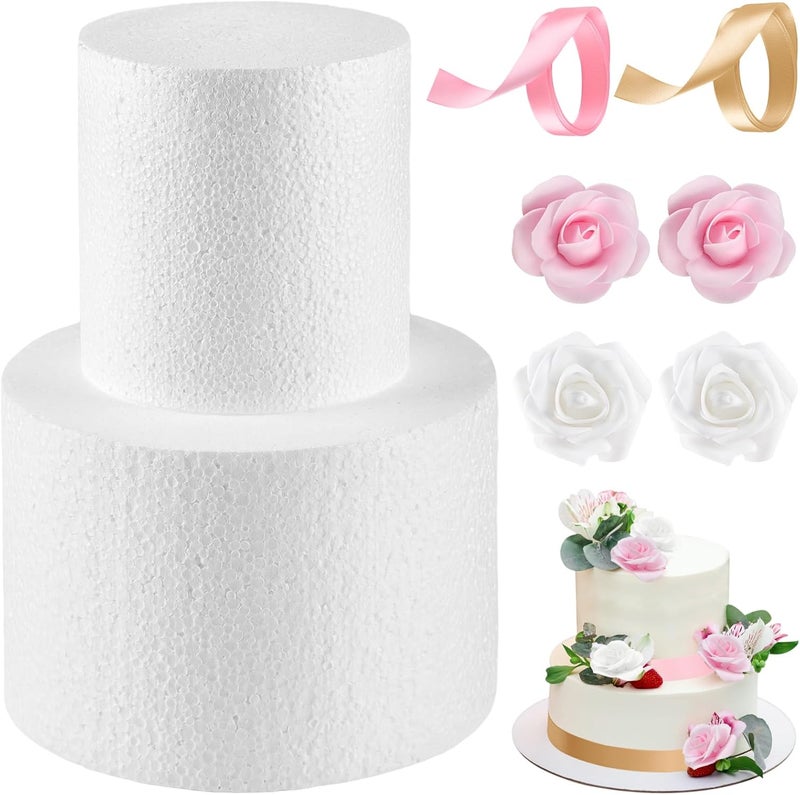 PLULON PLULON 2 Tiers Foam Cake Dummies Set 4 6 White Round Practice Cake Dummy 8 Inch Tall with Artificial Roses and Ribbons for Wedding Baby Shower Birthday Anniversary Christmas Party Supplies  - Image 1