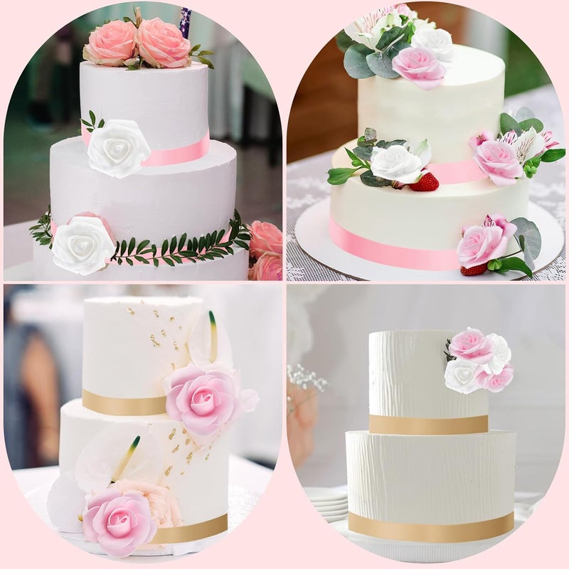 PLULON PLULON 2 Tiers Foam Cake Dummies Set 4 6 White Round Practice Cake Dummy 8 Inch Tall with Artificial Roses and Ribbons for Wedding Baby Shower Birthday Anniversary Christmas Party Supplies  - Image 5