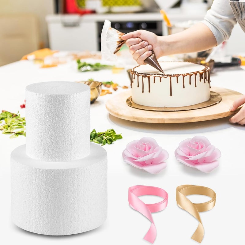 PLULON PLULON 2 Tiers Foam Cake Dummies Set 4 6 White Round Practice Cake Dummy 8 Inch Tall with Artificial Roses and Ribbons for Wedding Baby Shower Birthday Anniversary Christmas Party Supplies  - Image 4