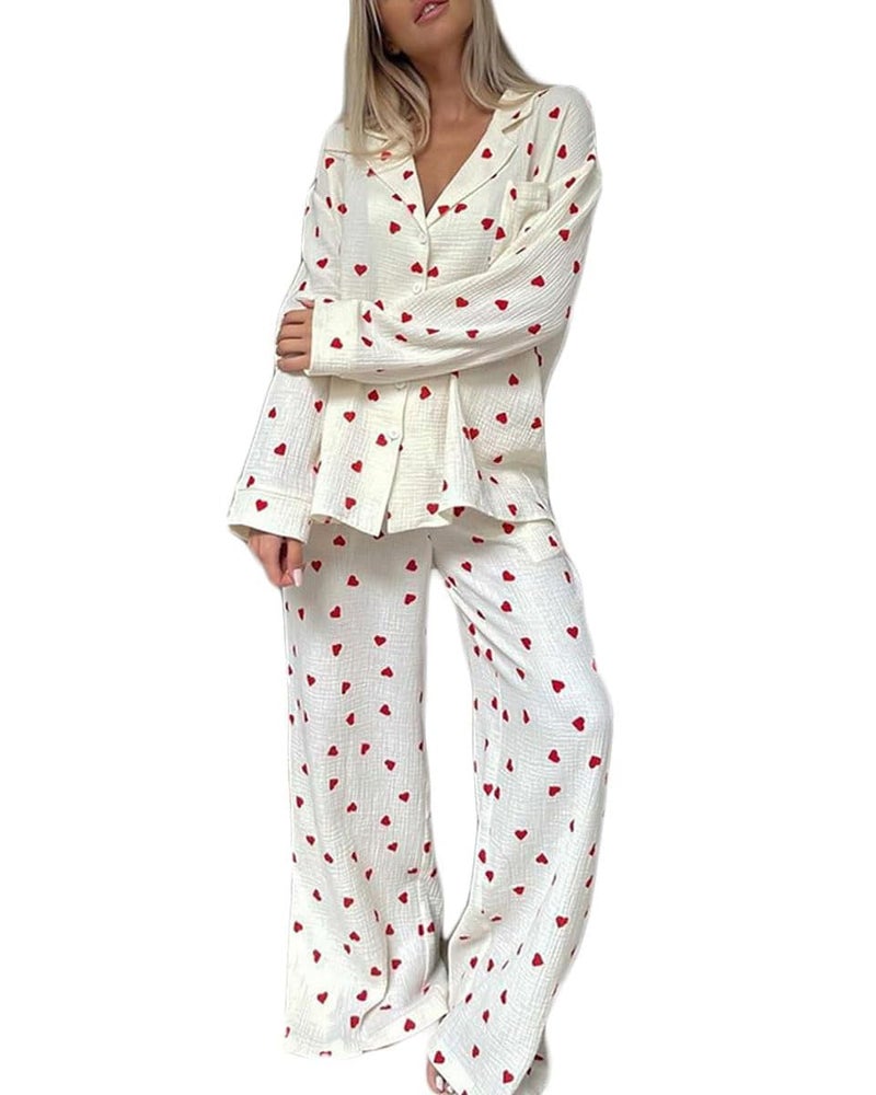 codcm Womens Pajama Sets Cotton Pj Set Cute Heart Print Long Sleeve Button Shirt With Pants(Apricot,Medium) - Image 1