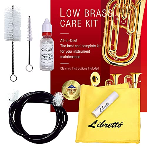 Libretto Low Brass ALL-INCLUSIVE Cleaning Kit with Instructions: Valve Oil + Slide Grease + Cleaning Cloth + Mouthpiece/Valve/Bore Brushes. A Great Gift for Tuba, Euphonium, Baritone, Sousaphone &More - Image 1