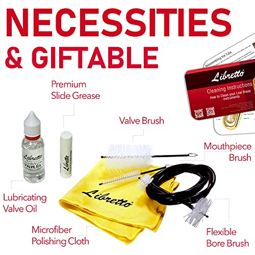 Libretto Low Brass ALL-INCLUSIVE Cleaning Kit with Instructions: Valve Oil + Slide Grease + Cleaning Cloth + Mouthpiece/Valve/Bore Brushes. A Great Gift for Tuba, Euphonium, Baritone, Sousaphone &More - Image 2