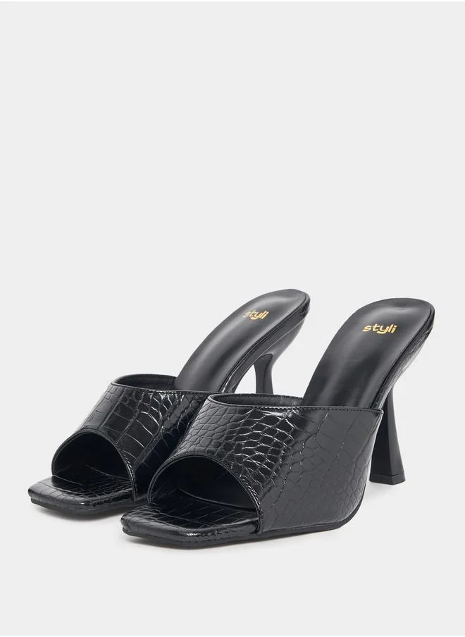 Styli Textured Wide Strap Heeled Sandals