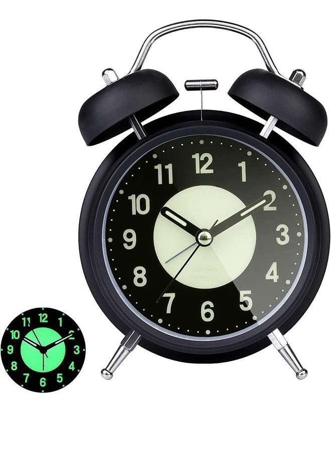 Arabest ساعة منبه جرس مزدوج، ساعة منبه صاخبة عتيقة، ساعة منبه جانبية صامتة بدون دقات مع إضاءة خلفية، ساعة مكتب مع ضوء ليلي - Image 1