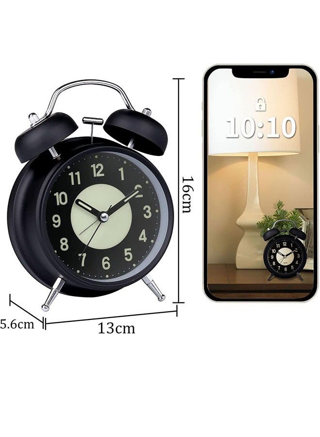 Arabest ساعة منبه جرس مزدوج، ساعة منبه صاخبة عتيقة، ساعة منبه جانبية صامتة بدون دقات مع إضاءة خلفية، ساعة مكتب مع ضوء ليلي - Image 2