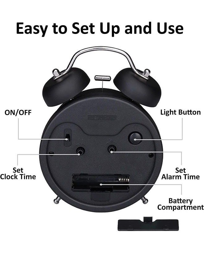 Arabest ساعة منبه جرس مزدوج، ساعة منبه صاخبة عتيقة، ساعة منبه جانبية صامتة بدون دقات مع إضاءة خلفية، ساعة مكتب مع ضوء ليلي - Image 3