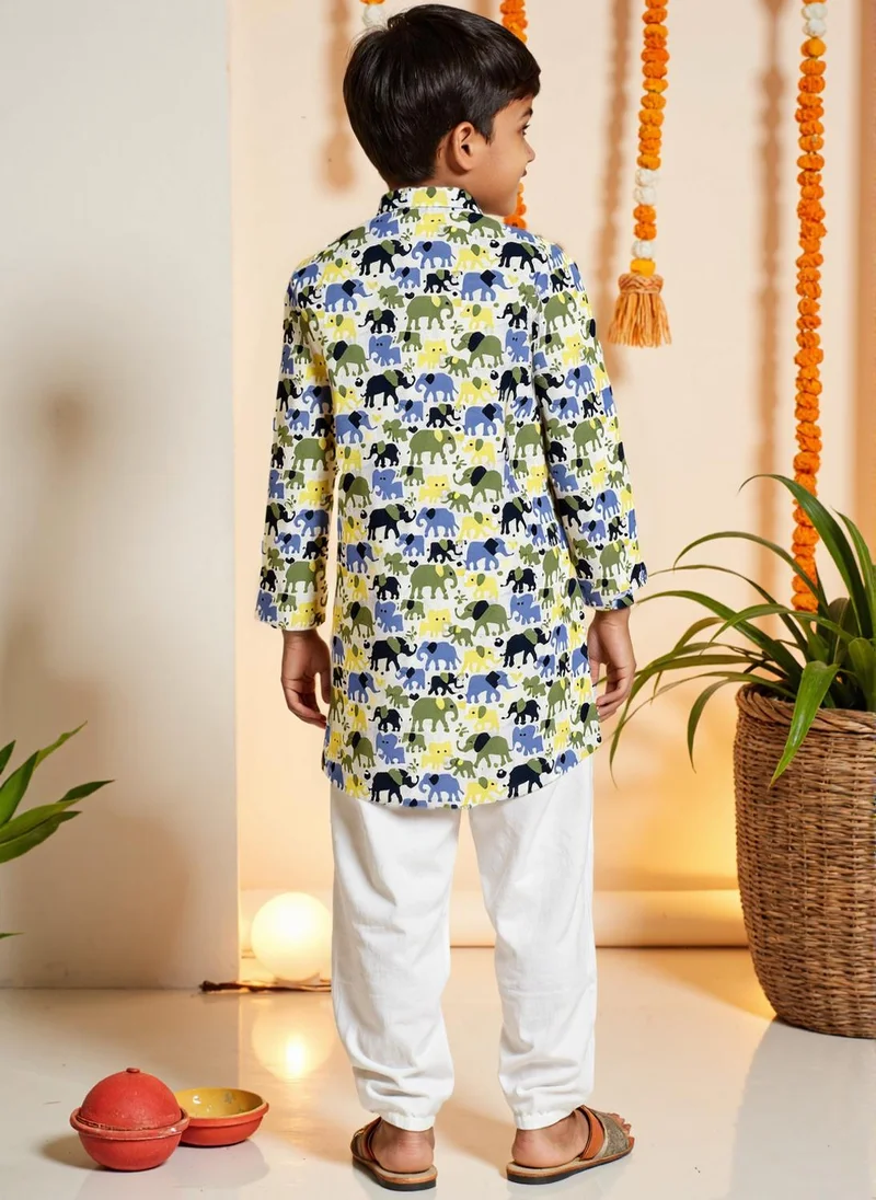 Nautinati Nautinati White Festive Block-print Kurta and Pyjama Set for Boys