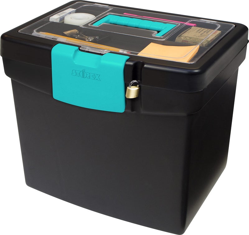 Storex File Storage Box with XL Storage Lid, 10-7/8 x 13-1/4 x 11 Inches, Black/Teal - Image 1