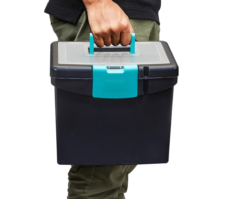 Storex File Storage Box with XL Storage Lid, 10-7/8 x 13-1/4 x 11 Inches, Black/Teal - Image 4