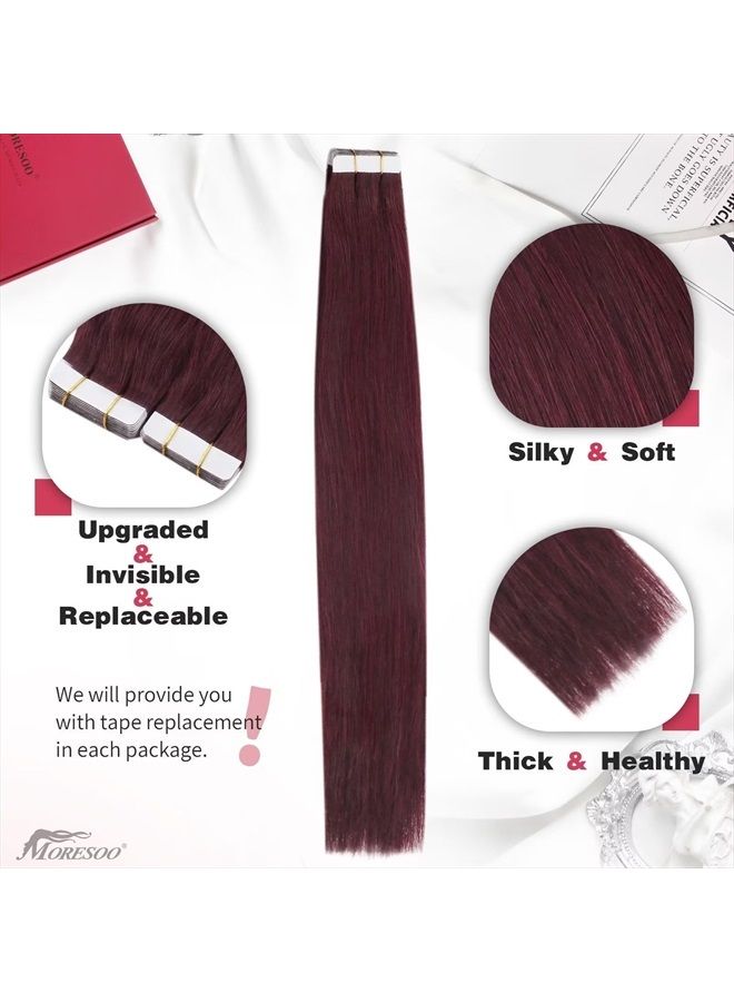 Moresoo Burgundy Tape in Hair Extensions Seamless Hair Extensions Real Human Hair Tape in Wine Red Human Hair Extensions Tape in Silky Straight Human Hair 14 Inch #99J 20pcs 40g - Image 2