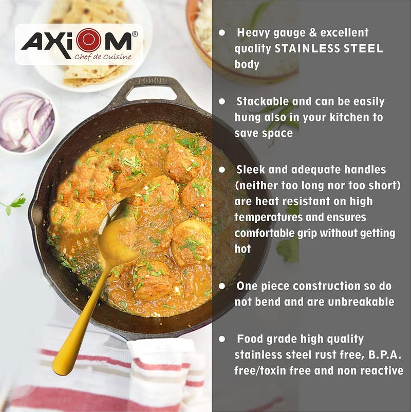 AXIOM Stainless Steel Golden Serving Tools Set 4 Piece Heavy Gauge NonStick Set Of 1 Soup Ladle Karchi 2 Solid Spoon Chamcha 1 Rice Spoon For Serving SoupCurryDalRice Gold - Image 5