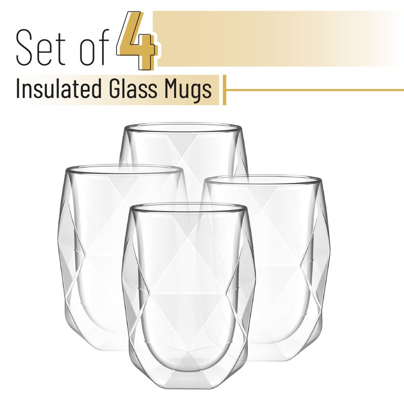 Brew To A Tea BTaT- Insulated Coffee Mug, Double Wall Glass, Diamond Shape, Set of 4 (12oz, 350ml), Coffee Cups, Tea Cups, Latte Mug, Christmas Gifts - Image 2