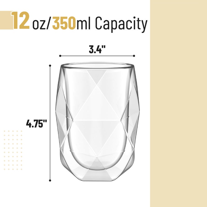Brew To A Tea BTaT- Insulated Coffee Mug, Double Wall Glass, Diamond Shape, Set of 4 (12oz, 350ml), Coffee Cups, Tea Cups, Latte Mug, Christmas Gifts - Image 3