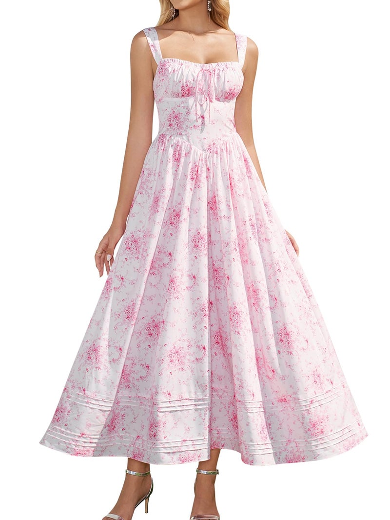 HTZMO Floral Summer Wedding Guest Party Long Dress Square Neck A Line Casual Vacation Milkmaid Maxi Sundress for Women PinkFloral M - Image 1