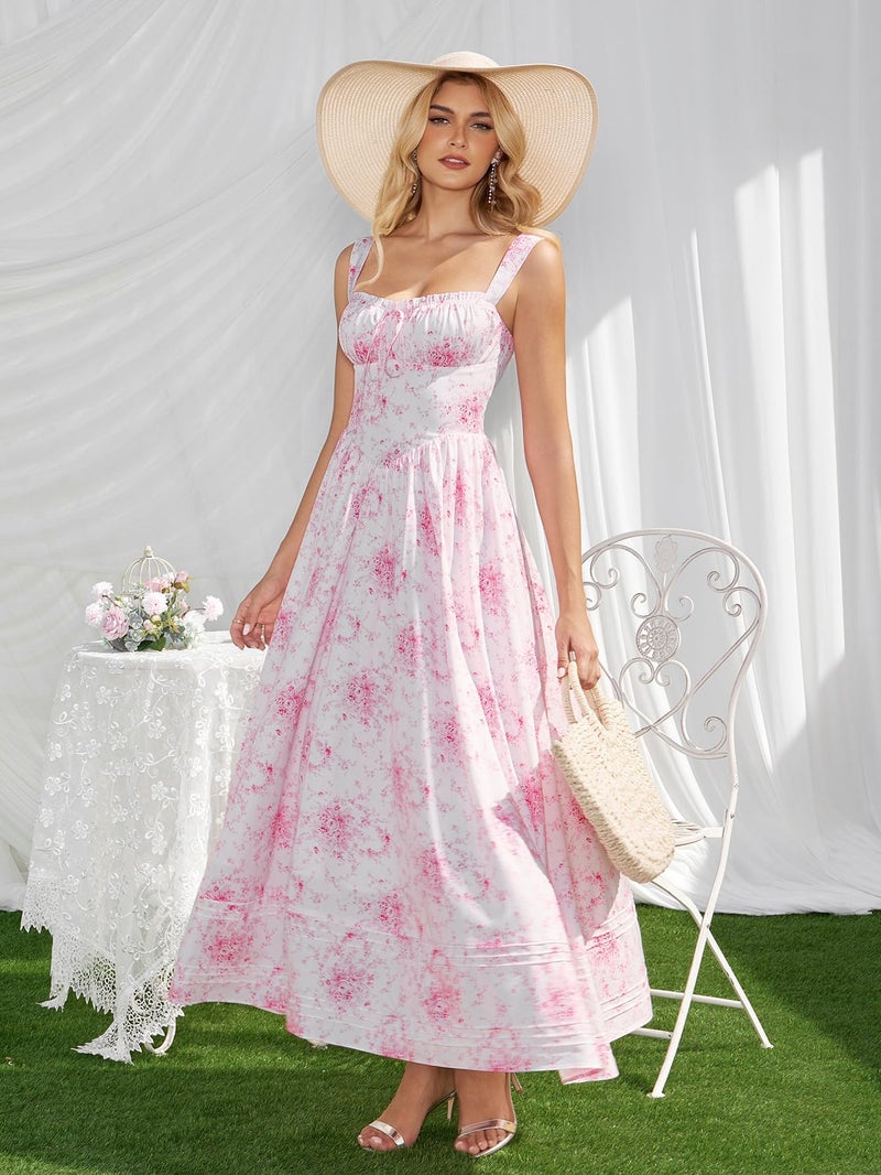 HTZMO Floral Summer Wedding Guest Party Long Dress Square Neck A Line Casual Vacation Milkmaid Maxi Sundress for Women PinkFloral M - Image 3