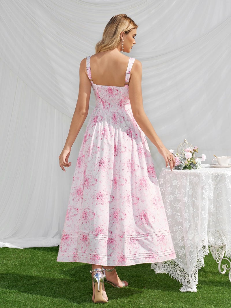 HTZMO Floral Summer Wedding Guest Party Long Dress Square Neck A Line Casual Vacation Milkmaid Maxi Sundress for Women PinkFloral M - Image 5
