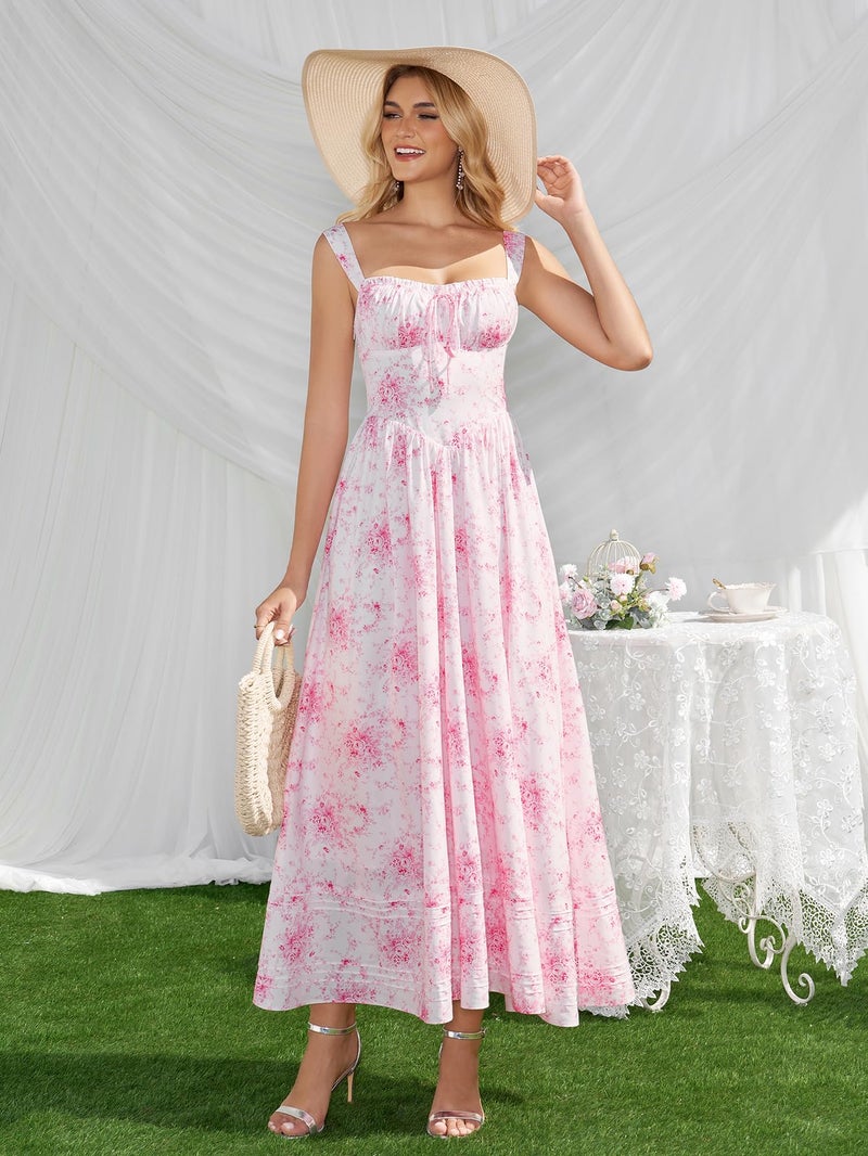 HTZMO Floral Summer Wedding Guest Party Long Dress Square Neck A Line Casual Vacation Milkmaid Maxi Sundress for Women PinkFloral M - Image 2