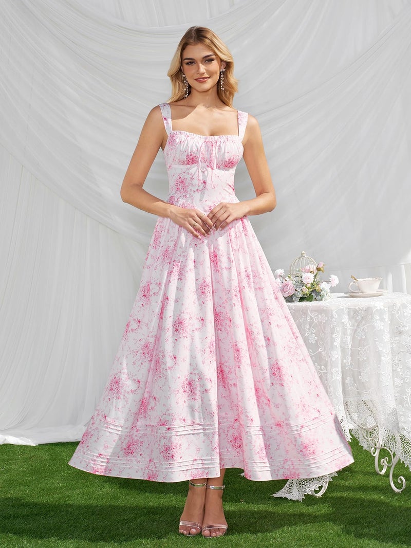 HTZMO Floral Summer Wedding Guest Party Long Dress Square Neck A Line Casual Vacation Milkmaid Maxi Sundress for Women PinkFloral M - Image 4