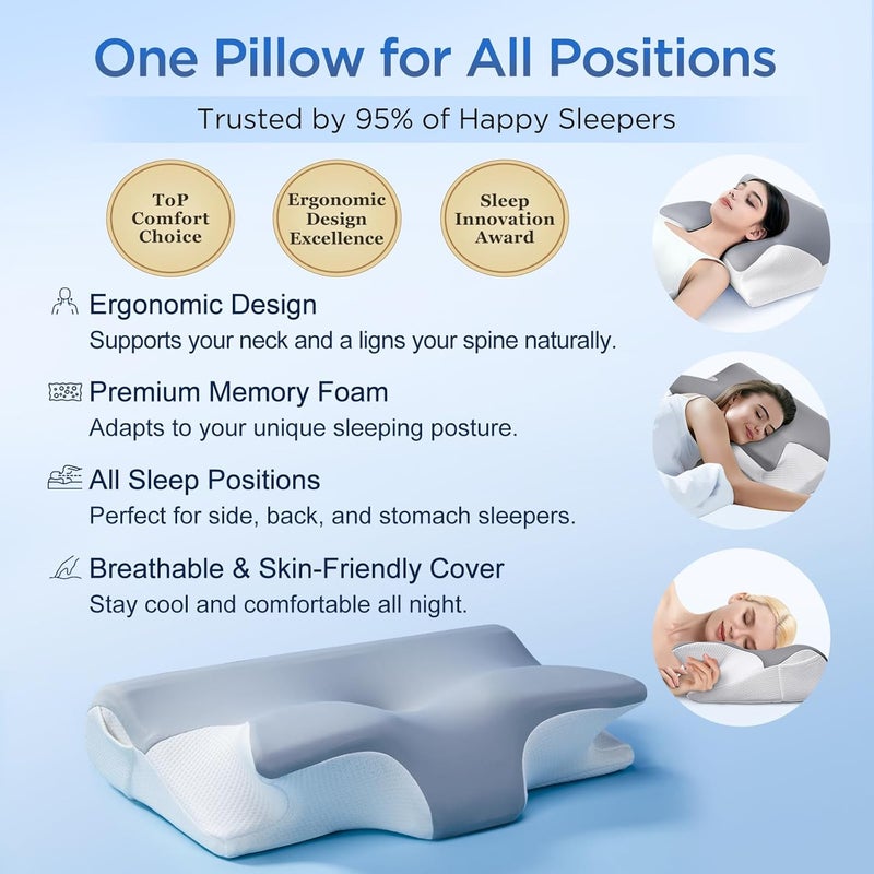 ComRola Effective Pain Relief Cervical Neck Pillow for Sleeping, Memory Foam Pillows for Neck Support, Odorless Contour Side Pillow, Ergonomic Bed Pillow for Back Stomach Sleeper (Grey and White) - Image 4