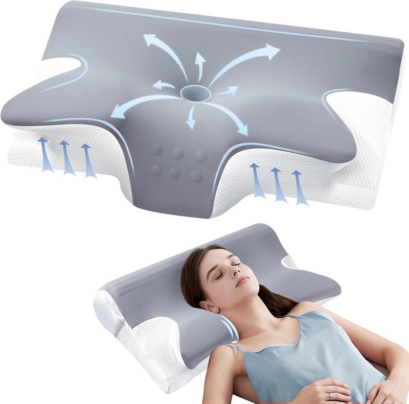 ComRola Effective Pain Relief Cervical Neck Pillow for Sleeping, Memory Foam Pillows for Neck Support, Odorless Contour Side Pillow, Ergonomic Bed Pillow for Back Stomach Sleeper (Grey and White) - Image 1