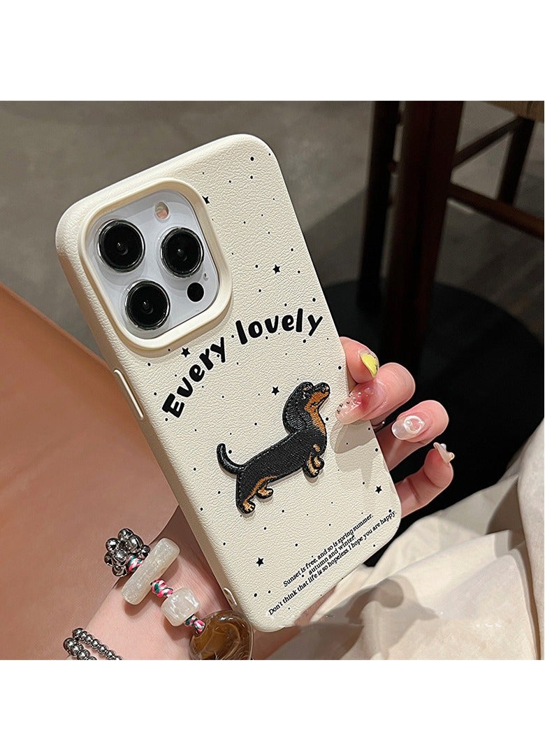 NIBEMINENT Lychee Pattern White Base Embroidery Sausage Dog Protective TPU Case Cover For iPhone 16 Pro Max