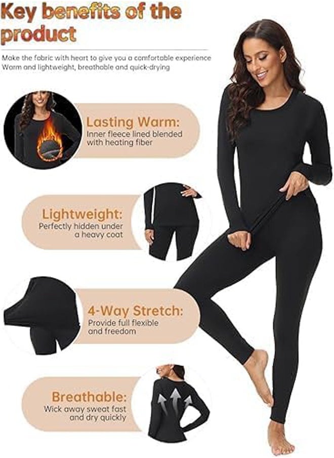 GUDOO - Thermal Underwear Sets High Stretch Moisture Wicking Ultra Soft Base Layer with Seamless Design Winter Top and Bottom Sets Thermal Underwear for Women Long Johns Womens Scoop Neck Long Sleeve  L - Image 1
