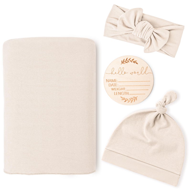 Konssy Baby Girl Newborn Receiving Blanket with Matching Headband and Beanie Set Baby Swaddle Nursery Swaddle Wrap - Image 1