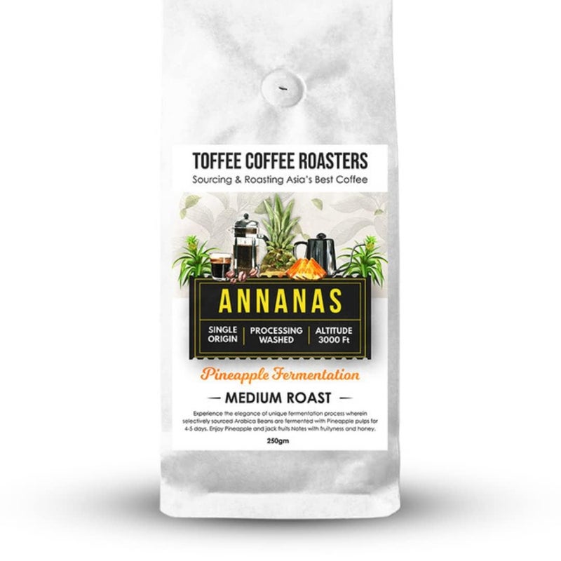 Toffee Coffee Roasters | Annanas: PineApple Fermented Coffee | As Seen On Shark Tank | 100% Arabica | Medium Roast | Coffee Notes: Fruity and Pine Apple (French Press, 250gm)